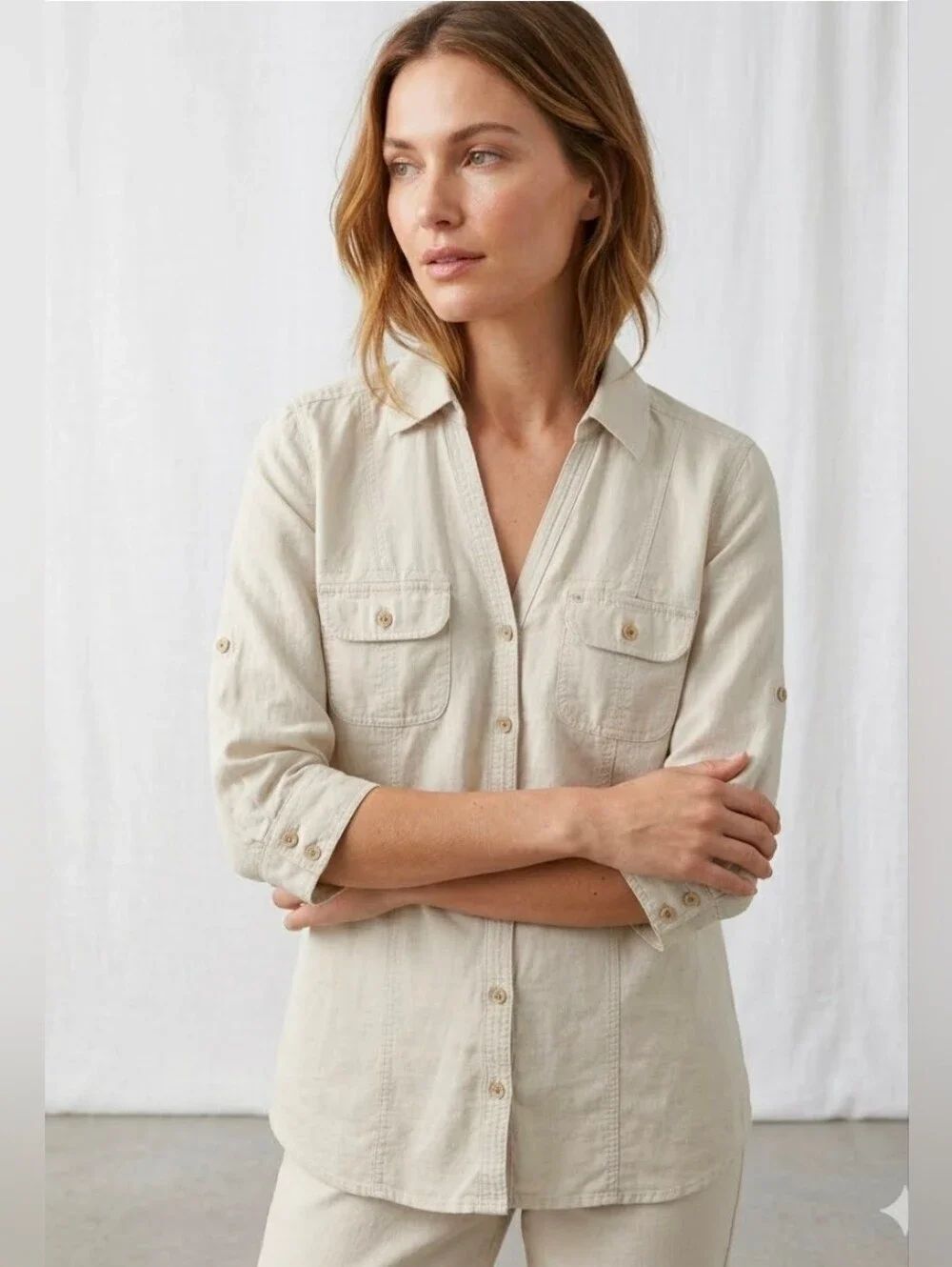 Sonoma Life+Style Linen Blend Roll Tab Utility Shirt Swarowski Pockets Beige M